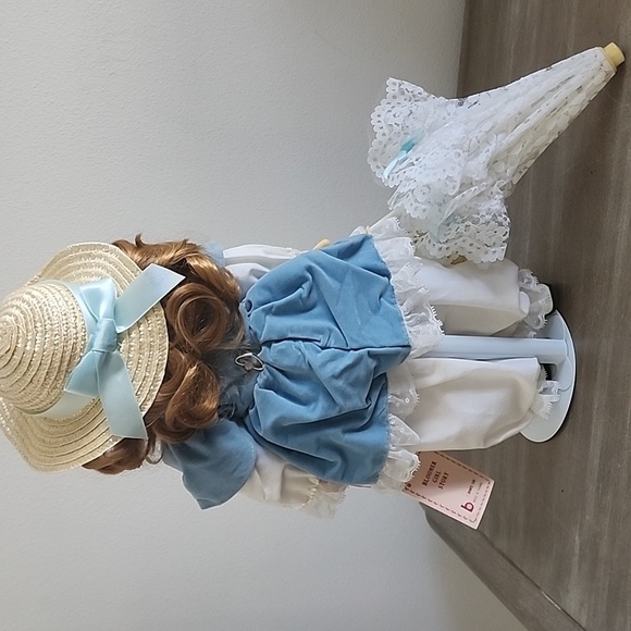 Vintage 1986 Brinn’s Bloomer Girl Story Porcelain Doll with Parasol & Stand